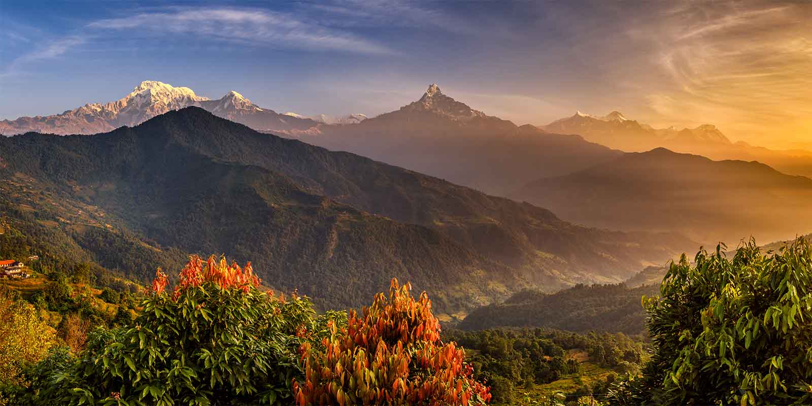 Sunrise over the Himalayas near Pokhara in Nepal