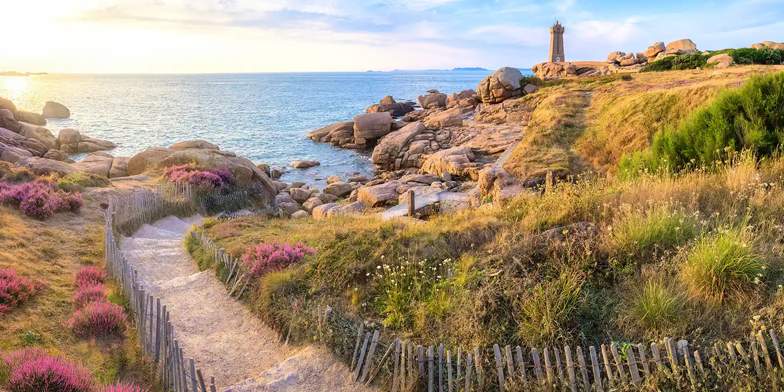 View of the Mean Ruz Lighthouse, in Perros-Guirec, Brittany, France