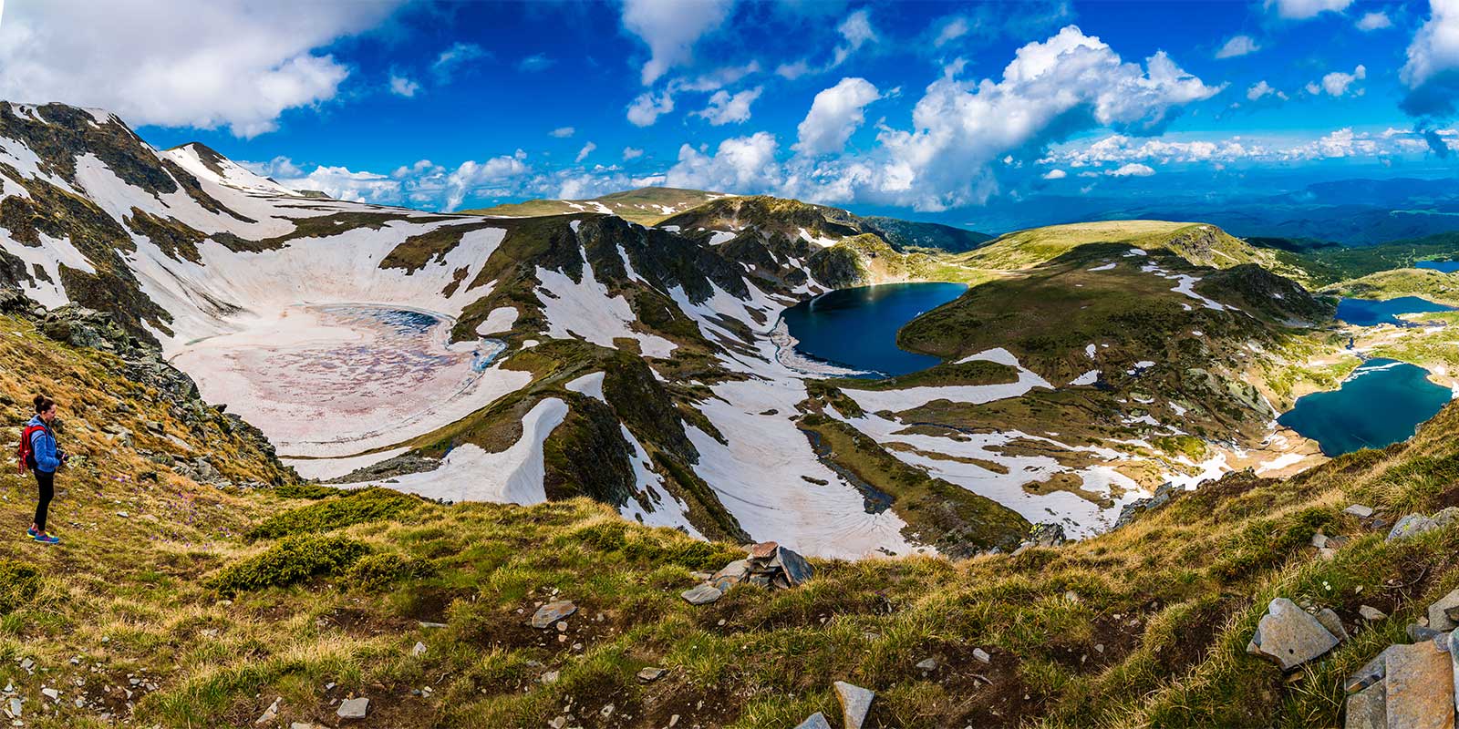 Hiker looking over Seven Rila Lakes in Bulgaria