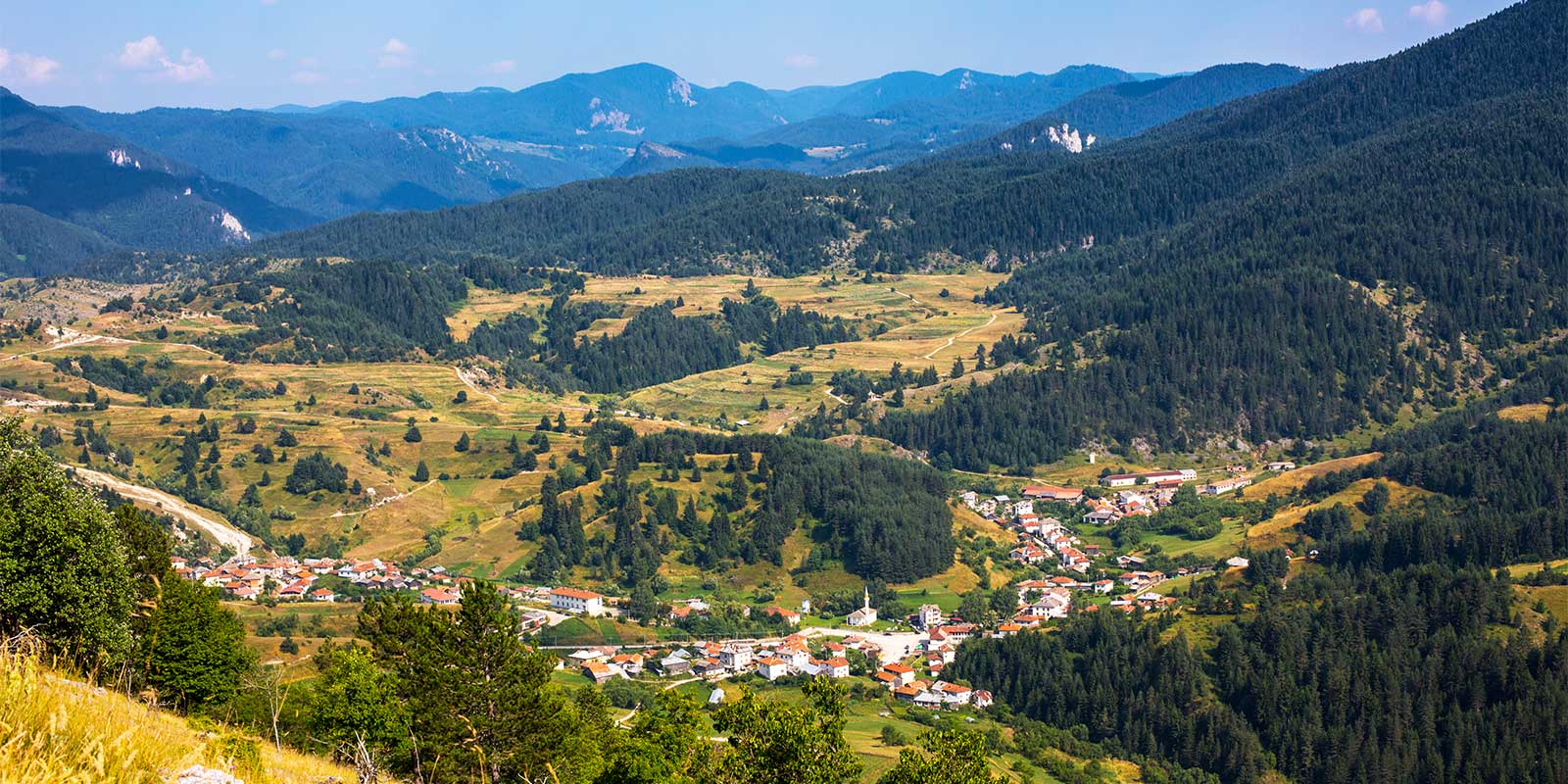 Scenic view of a village in the Rhodope Mountains of Bulgaria