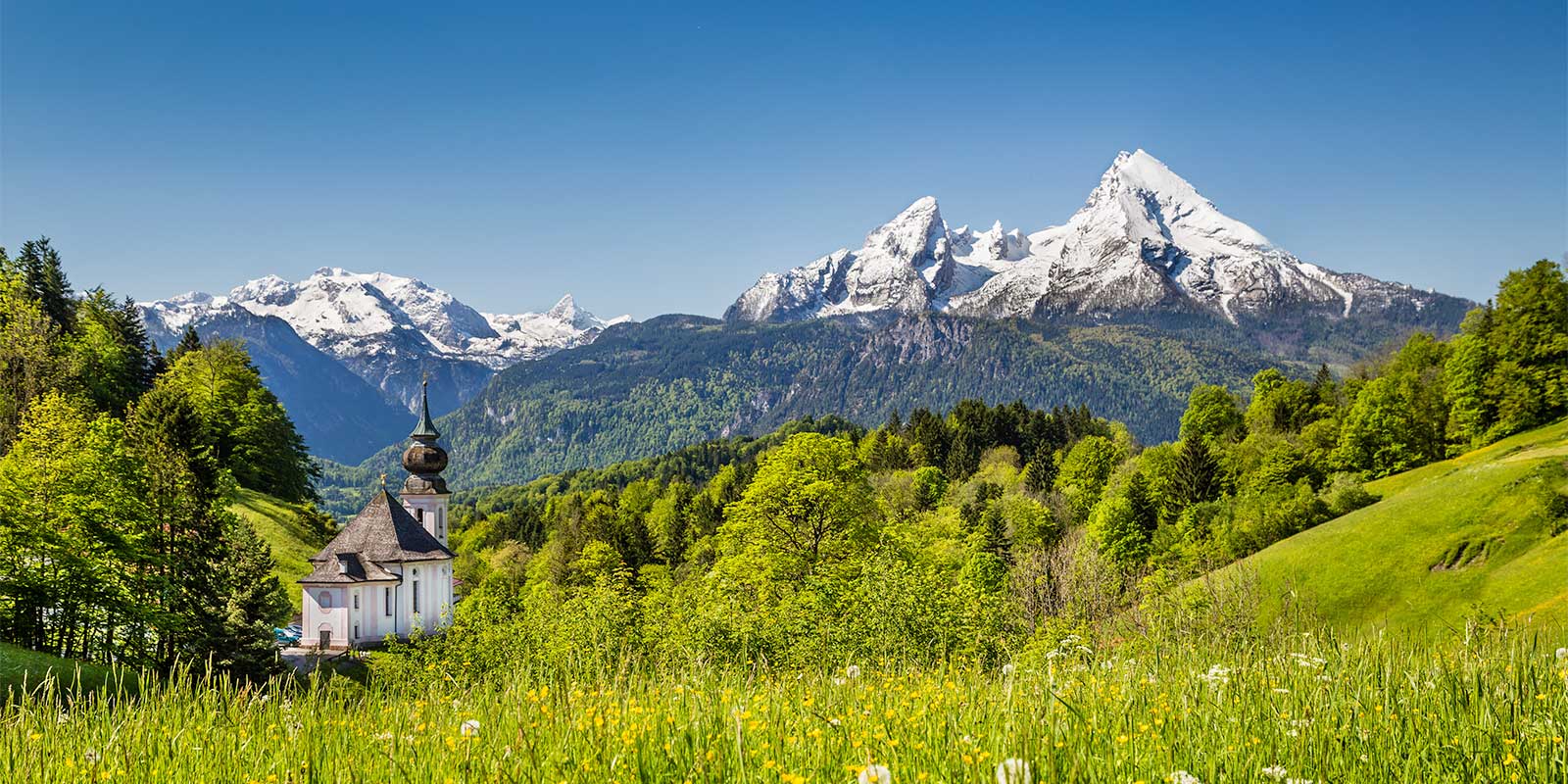 Pilgrimage Church of Maria Gern and Watzmann Massif in the Bavarian Alps, Germany