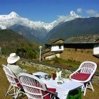Trekker relaxing at a lodge in the Annapurnas Nepal