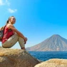 Hiker enjoying the view of Lake Atitlan, Guatemala.