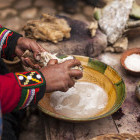 Traditional wool dyeing in Peru. 