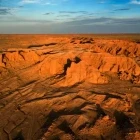 View of the Bayanzag flaming cliffs in the Gobi Desert, Mongolia.