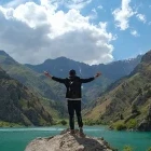 Hiker at Lake Urungach in Uzbekistan