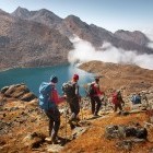 Trekkers at Lantang National Park in the Himalayas Nepal