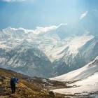 Hiker trekking to Annapurna Base Camp in Nepal