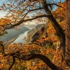 The Elbe River winding amongst the sandstone mountains, near the Bastei, Germany.