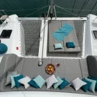 View of the outdoor seating on the catamaran, in Greece