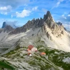 View of the Rifugio Locatelli mountain hut in the Dolomites, Italy