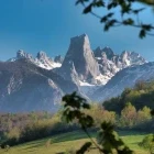 The Picos de Europa peaks overlooking a green meadow, in Spain.