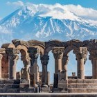 Zvartnos Temple at Yerevan with Mount Ararat in background