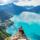 Climber overlooking Lake Attersee, Austria