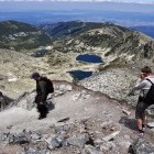 Hikers descending Musala Peak in Bulgaria