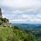 Walkers on the Cathar Trail at Montsegur Castle in France
