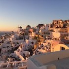 Buildings in Santorini, Greece at sunset
