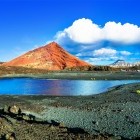 Typical volcanic landscape and black sand beach in Lanzarote in the Canary Islands