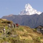 Trekkers in the Annapurna region Himalayas Nepal