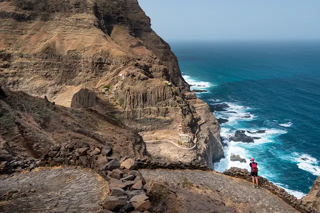 Journalist Sarah Baxter in Cape Verde on a hiking holiday, enjoying a coastal walks with volcanic cliff edges.