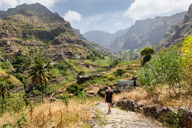 Journalist Sarah Baxter in Cape Verde on a hiking holiday, ascending.