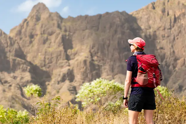 Journalist Sarah Baxter in Cape Verde on a hiking holiday, looking out to the view.