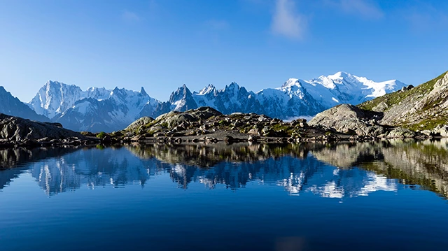 Mont Blanc massif reflected in Lac Blanc, France