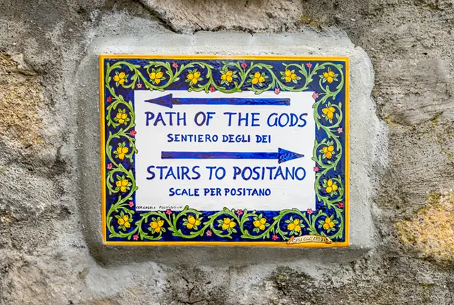 Path of the Gods hiking trail sign in the Amalfi Coast, Italy