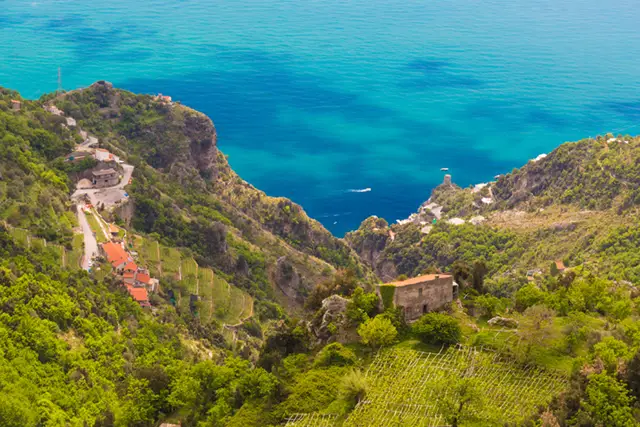View from the Path of the Gods hiking trail in the Amalfi Coast, Italy