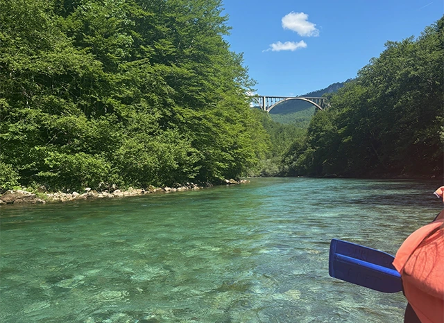 White-rater rafting in Tara River Canyon, Durmitor National Park, Montenegro. View of Đurđevića Tara Bridge in the background.