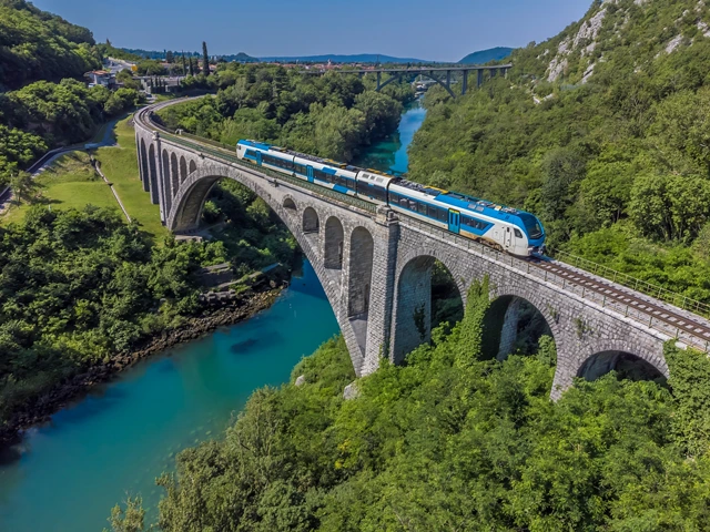 Train travelling through Solkan in Slovenia