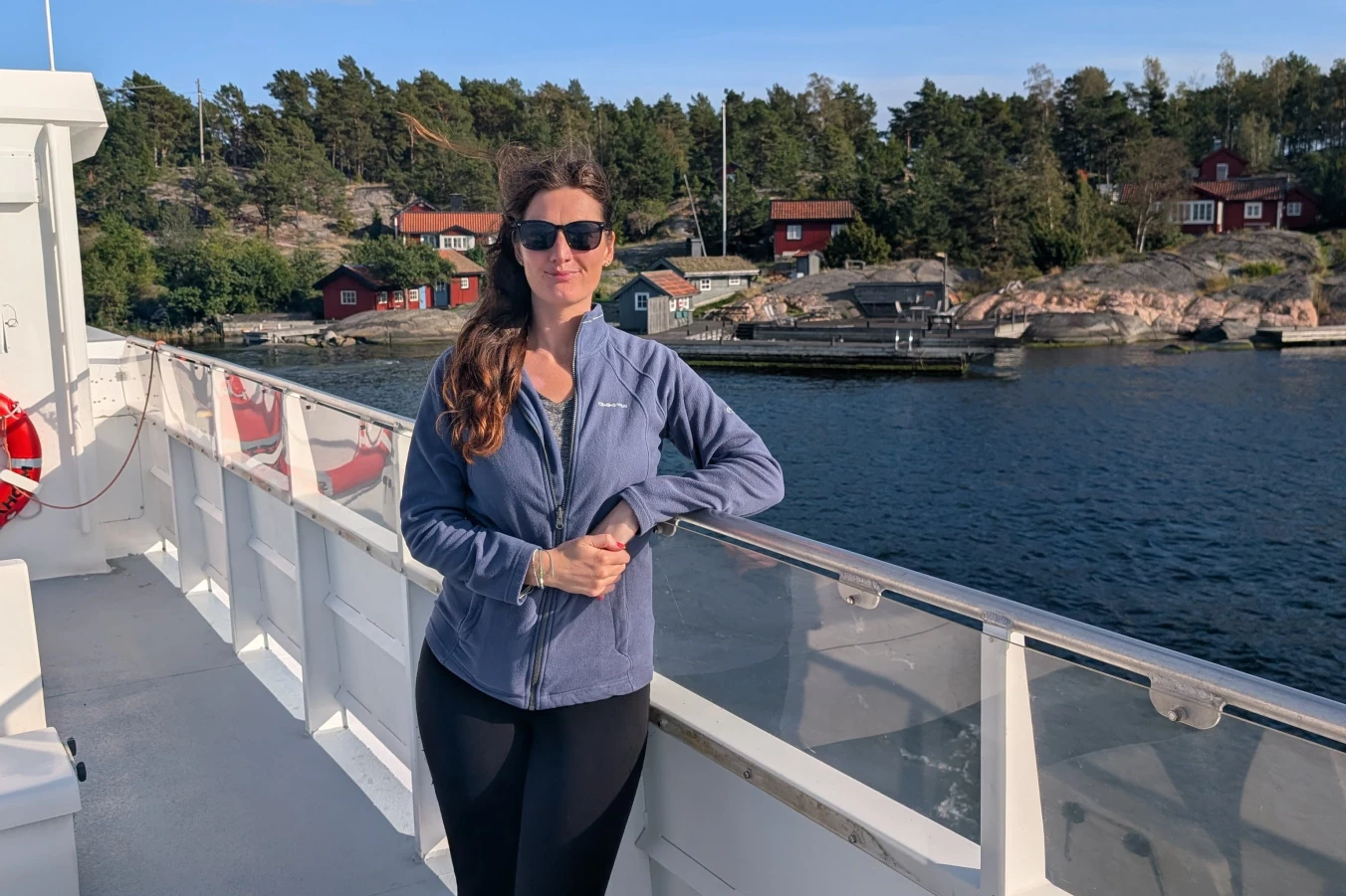 Team member Rhiannon on the ferry from Dalaro in the Stockholm Archipelago in Sweden.