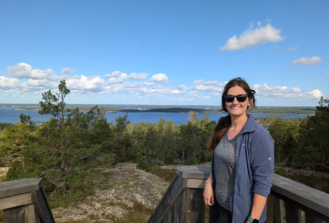 Rhiannon & the view from Telegrafberget Tower in Orno Island on the Stockholm Archipelago in Sweden.