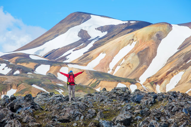 Hiker in Landmannlaugar, Iceland.