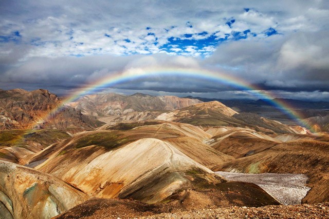 Rainbow over landscape on the Laugavegur Trek in Iceland.