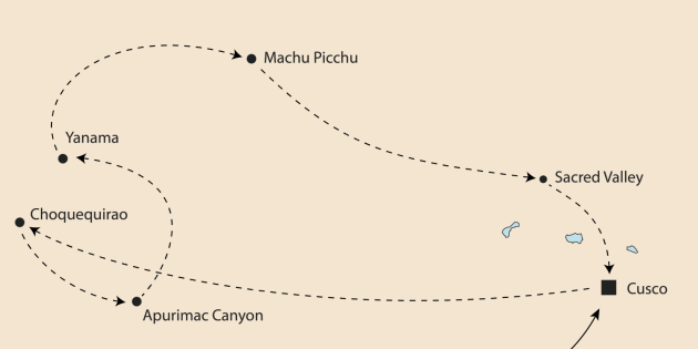 Route map for Choquequirao Trek to Machu Picchu