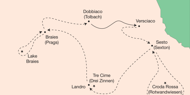 Route map for Walking the Sesto Dolomites & Lago di Braies
