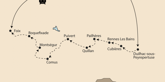 Route map for Footsteps of the Cathars: Carcassonne to Foix