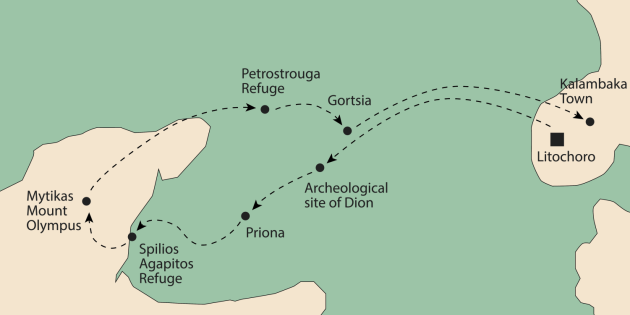 Route map for Mount Olympus & Meteora Trek
