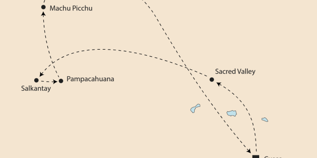 Route map for Salkantay, Sacred Valley & Machu Picchu