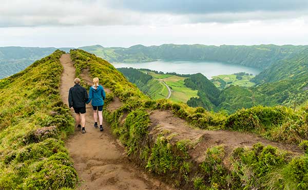 Hikers approaching Sete Cidades in the Azores